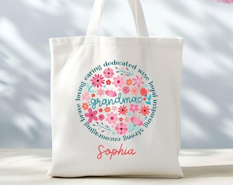 Custom Floral Grandma Tote Bag, Retro Grandma Tote, Vintage Grandma Name Bag, Grandma Grocery Bag, Grandma Bag With Zipper, Mothers Day Gift