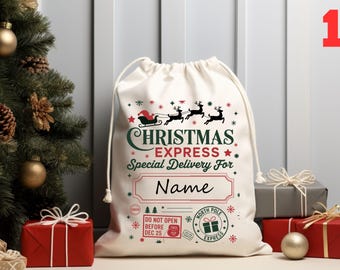 May include: Cream-colored Christmas gift bag with a drawstring closure. The bag features a festive design with a Santa sleigh, reindeer, and the words "Christmas Express." A space is provided to personalize the bag with a name.
