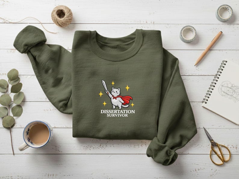 May include: An olive green sweatshirt with a crew neck. The front features a cartoon cat wearing a red cape and holding a sword, with the text "Dissertation Survivor" below. The sweatshirt is surrounded by stationery items.