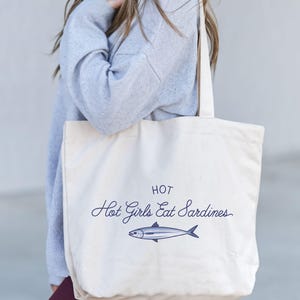 Sardine Canvas Tote Bags, Hot Girls Eat Sardines Bag, Funny Tote Bag, Beach bag, Fisherman Aesthetic, Nautical bag, Book tote, Summer Bag