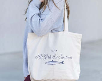 Sardine Canvas Tote Bags, Hot Girls Eat Sardines Bag, Funny Tote Bag, Beach bag, Fisherman Aesthetic, Nautical bag, Book tote, Summer Bag