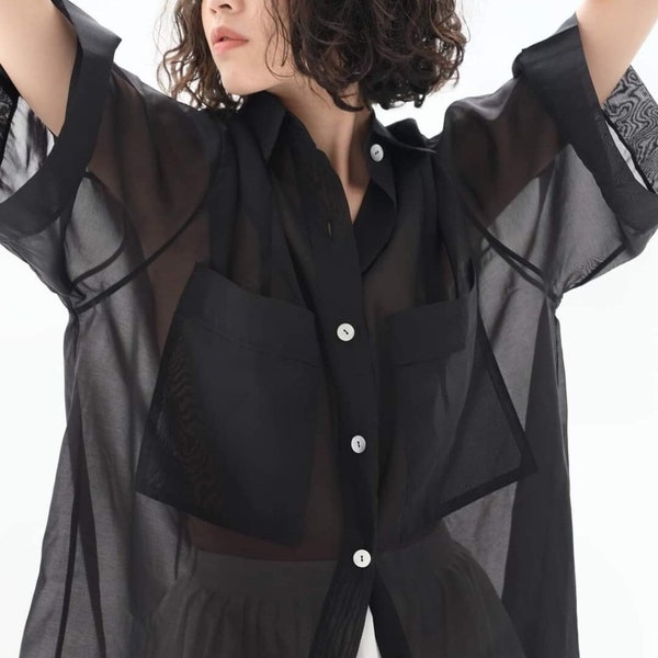 Organza Crinkled Blouse - Black