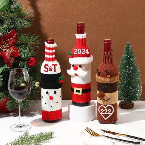 Set of 3 Christmas Wine Bottle Covers - Santa, Snowman, Reindeer - Personalized Name Christmas Wine Bottle Cover - Xmas Gift, Gift for him