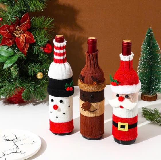 Set of 3 Christmas Wine Bottle Covers - Santa, Snowman, Reindeer - Personalized Name Christmas Wine Bottle Cover - Xmas Gift, Gift for him