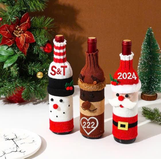 Set of 3 Christmas Wine Bottle Covers - Santa, Snowman, Reindeer - Personalized Name Christmas Wine Bottle Cover - Xmas Gift, Gift for him
