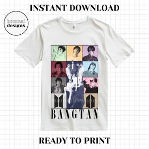 May include: White t-shirt with a collage of images of a K-pop group. The images are in a grid pattern and feature the group members in various poses. The text "BANGTAN" is printed in black below the images.
