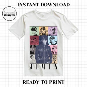 May include: White t-shirt with a collage of photos of a K-pop band member, with the name "JIMIN" printed in black letters below the photos.