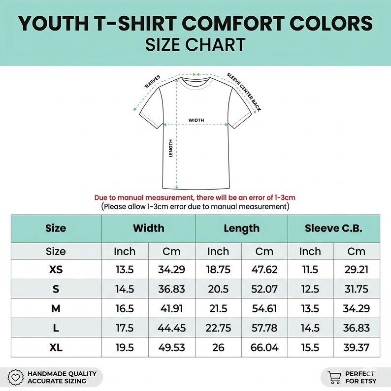 May include: A Youth T-Shirt Comfort Colors size chart featuring a line drawing of a t-shirt with labeled width, length, and sleeve measurements. A table provides sizing data for XS to XL in both inches and centimeters, noting a 1-3cm margin of error.