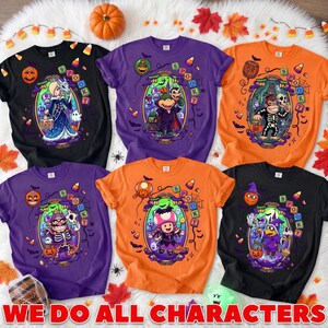 May include: Six t-shirts in black, purple, and orange featuring various Nintendo characters in Halloween costumes. Each shirt displays a central oval frame with a character, the word SPOOKY, and scattered candy corn, bats, and spider web graphics.