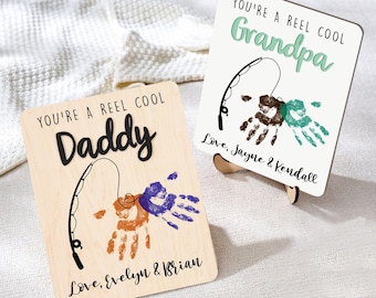 Fishing Dad, You're Reel Cool Grandpa Handprint Sign, Custom Kids Name DIY Handprint Sign, Father's Day Gifts, Papa Fishing Life Wood Frame
