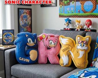 Personalized Sonic the Hedgehog Letter Pillow, Custom Sonic Name Pillow, Kids Video Game Pillow Gift for Boy or Girl, Baby Shower Decor
