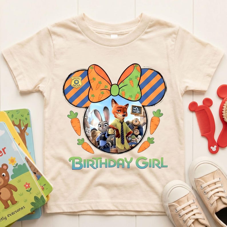 K&ouml;nnte beinhalten: Ein cremefarbenes Kurzarm-T-Shirt mit einer Grafik in Form von Mausohren und einer Schleife mit Karottenmuster. In der Mitte sind Charaktere aus Zoomania abgebildet, umgeben von Karotten und dem Schriftzug "BIRTHDAY GIRL" in gr&uuml;nen Buchstaben.