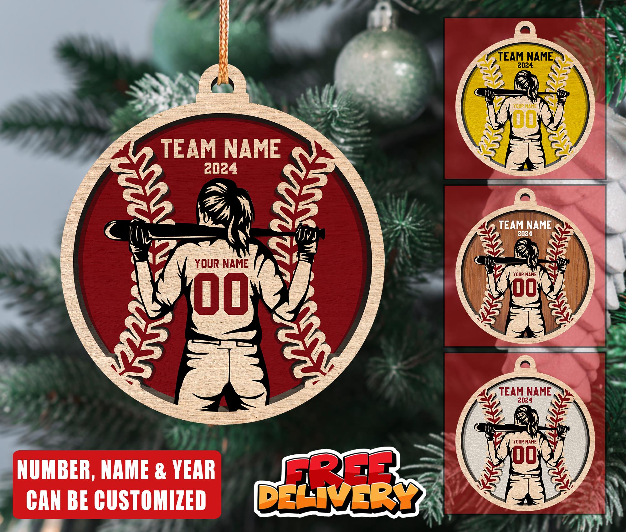 Personalized Baseball Layered Wood Ornament 2024, Custom Softball Girl Christmas Ornament, Baseball Girl Christmas Home Decor, Softball Gift