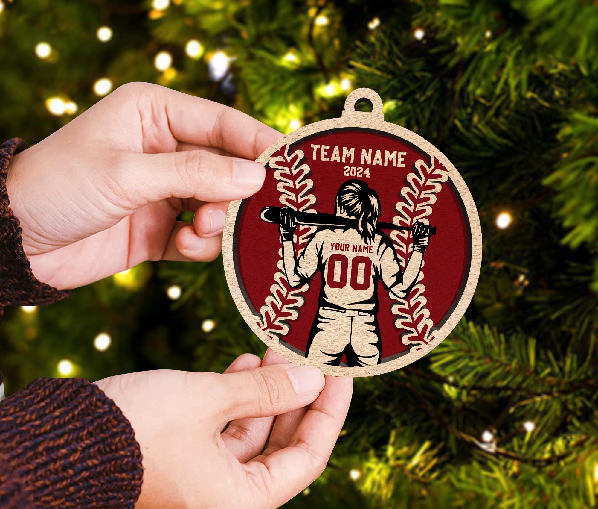 Personalized Baseball Layered Wood Ornament 2024, Custom Softball Girl Christmas Ornament, Baseball Girl Christmas Home Decor, Softball Gift