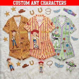 May include: Three sets of short-sleeved button-down shirts and shorts featuring Toy Story characters. The brown set features Woody, the orange set features Jessie, and the green set features Buzz Lightyear, with names Jason, Bella, and Leo printed.