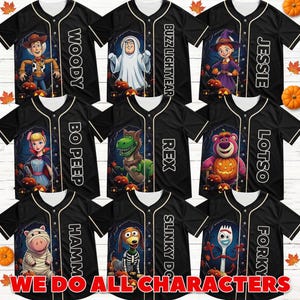 May include: A collection of nine black button-down baseball jerseys featuring Toy Story characters including Woody, Buzz Lightyear, Jessie, Bo Peep, Rex, Lotso, Hamm, Slinky Dog, and Forky, each with their name printed vertically on the front.