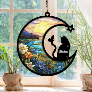 Cat Memorial Suncatcher, Pet Memorial Gift, Cat Memorial, Cat Lovers, Handmade Custom Name Cat Decor, Loss of Pet Sympathy Gift, SC56