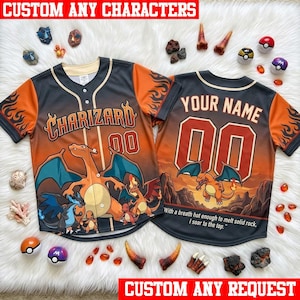 May include: A baseball jersey featuring a gradient orange and black flame pattern with Charizard graphics on the front and back. The back includes the text 'YOUR NAME' above the number '00' and a quote about melting rock with breath.
