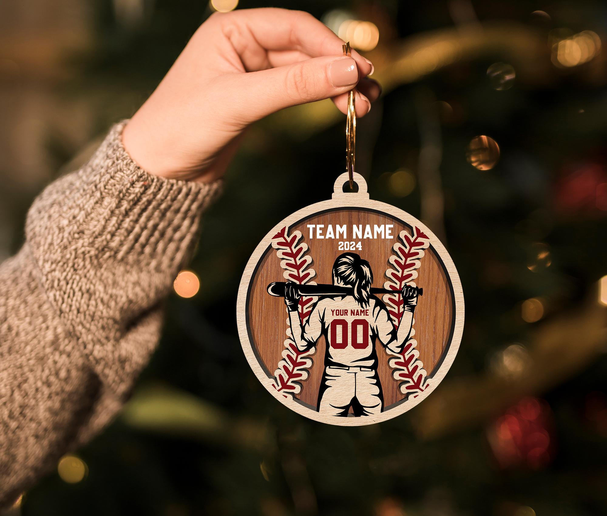 Personalized Baseball Layered Wood Ornament 2024, Custom Softball Girl Christmas Ornament, Baseball Girl Christmas Home Decor, Softball Gift