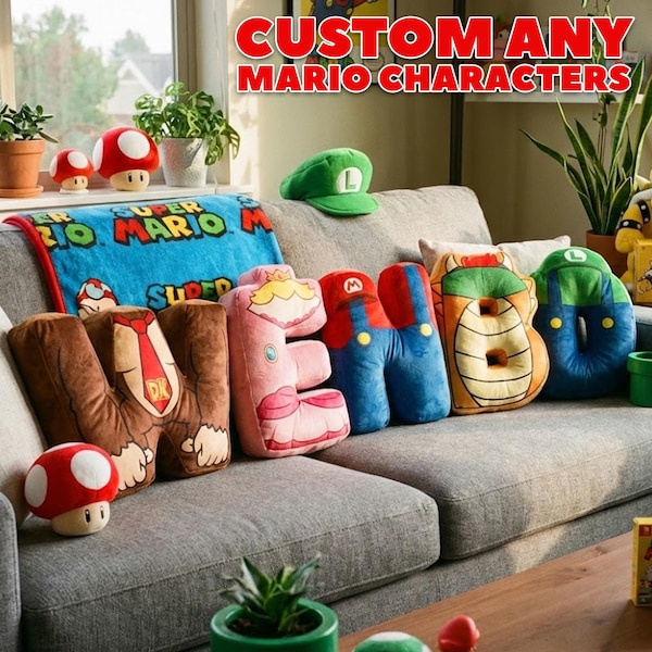 Personalized Super Mario Letter Pillow, Custom Mario Name Pillow, Kids Video Game Pillow Gift for Boy or Girl, Baby Shower Decor