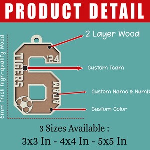 May include: Wooden number 6 with a soccer ball, customizable with team name, player name, and color. The product detail graphic shows the text "PRODUCT DETAIL" and "3 Sizes Available: 3x3 In - 4x4 In - 5x5 In".