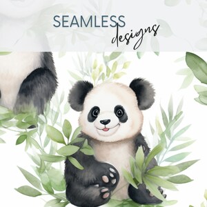 May include: Watercolor illustration of a panda bear surrounded by green leaves. The panda has black and white fur and a smiling expression. The words "SEAMLESS designs" are at the top of the image.