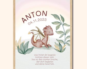 Anton – personalized name poster with dragon A4/A3 – gift for birth, christening or for the nursery, with frame/hanging