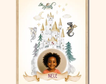 Nele – personalized name poster with photo and dragon A4/A3 – gift for birth, christening or for the nursery, with frame/hanging