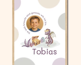 Tobias – personalized name poster with photo and dragon A4/A3 – gift for birth, christening or for the nursery, with frame/hanging