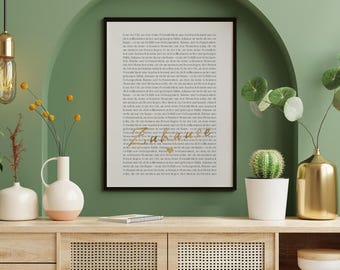 May include: A framed print with a black frame and a white background. The print features a long text in black font with the word "Zukunft" written in gold script.