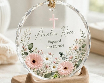 Custom Baptism Glass Ornament, Personalized Christening Keepsake, Faux Crystal Edge Floral Cross Bauble, Goddaughter Gift 2026