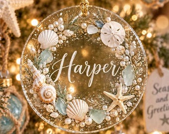 Custom Sea Glass Wreath Glass Christmas Ornament, Personalized Beach House Decor, Coastal Ocean Keepsake, 2026 Nautical Holiday Bauble