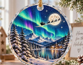 Custom Northern Lights Santa Sleigh Ornament, Winter Village Christmas Glass  Decor, Crystal Edge Keepsake, 2026 Holiday Tree Bauble
