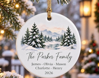 Custom Winter Landscape Ceramic  Ornament, Personalized Family Name Keepsake, Watercolor Pine Tree Decor, 2026 Mountain Snow Heart Bauble