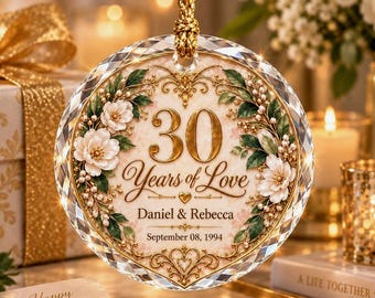 Custom Pearl Anniversary Glass Ornament, 30th 40th 50th Wedding Milestone Keepsake, Personalized Couples  Decor, Floral Wreath Bauble Gift