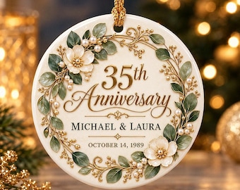 Custom 10th 25th 50th Anniversary Floral Ceramic Ornament, Personalized Milestone Year Couples Keepsake, Gold Wreath Wedding Decor Bauble