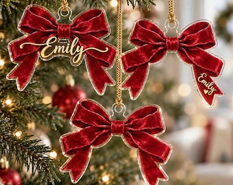 Custom Red Velvet Bow Acrylic Ornament, Personalized Name Keepsake, Elegant Christmas Ribbon Tree Decor, 2026 Holiday Bauble Gift