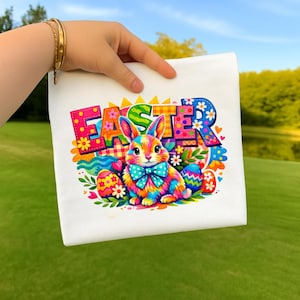 Retro paashaas, png, kleurrijke lentesublimatie, doodle grafische letter, levendig patchworkkonijn, kinderfeest