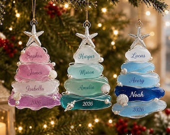 Adorno acrílico personalizado para árbol de Navidad con efecto cristal marino, recuerdo familiar costero, adorno playero con alambre sintético, adorno navideño personalizado.