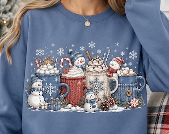 Festive Snowman Hot Chocolate Christmas Hoodie, Winter Coffee Mugs Sweatshirt, Cozy Holiday Sweets Pullover, Womens Xmas Apparel Gift