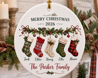 Custom Family Stocking Ceramic Ornament, Personalized Christmas 2026 Keepsake, Plaid Stockings Holiday Decor, Family Name Gift