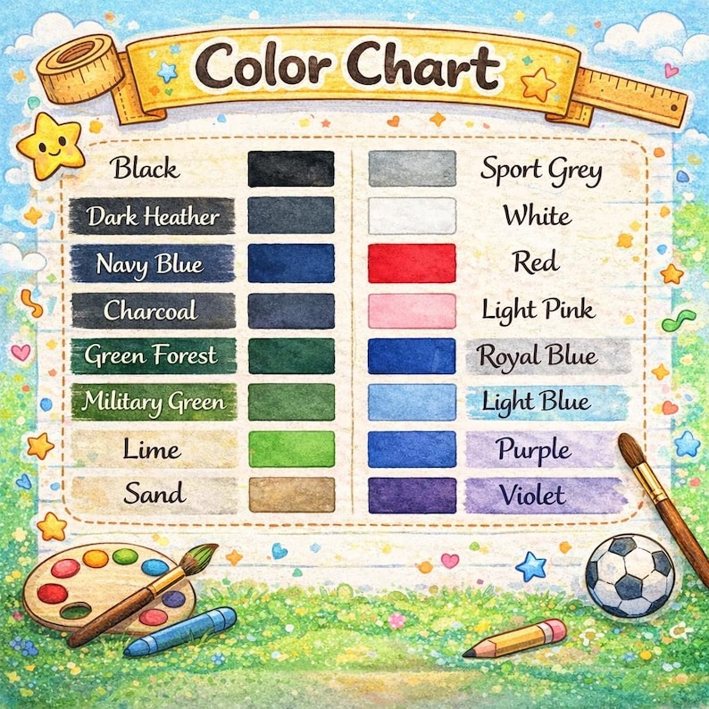 Op de afbeelding: Een kleurenkaart met een lijst van kleuren waaronder zwart, donkergrijs, marineblauw, antraciet, bosgroen, militair groen, limoen, zand, sportgrijs, wit, rood, lichtroze, koningsblauw, lichtblauw, paars en violet met een verfpalet.