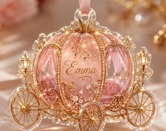 Adorno acrílico personalizado de carroza de calabaza, recuerdo personalizado de princesa de cuento de hadas, regalo de boda, impresión plana en 3D simulado, regalo para ella.