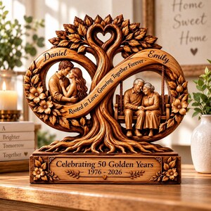 May include: A brown wooden sculpture shaped like an infinity symbol and a tree, featuring a young couple on the left and an older couple on a swing on the right. It includes the text Daniel, Emily, Rooted in Love, Growing Together Forever, and Celebrating 50 Golden Years 1976-2026.