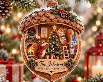 Adorno navideño acrílico personalizado de ardilla bellota, recuerdo familiar personalizado del bosque, decoración acogedora para el árbol de Navidad de 2026, adorno navideño con temática de nueces.