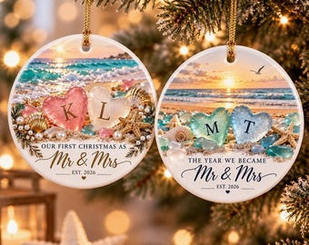 Custom Ceramic Beach Wedding Ornament, Personalized First Christmas Mr Mrs Keepsake, Sea Glass Heart Decor, 2026 Coastal Couples Bauble