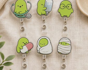 Kawaii Green Bean Badge Reel, Cute Nurse ID Holder, Funny Medical Badge Clip, Retractable Nurse Accessory, Matcha Lovers Coworker Gift