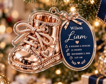 Adorno acrílico personalizado con forma de zapato de bebé metálico, recuerdo personalizado con datos de nacimiento del recién nacido, decoración para la primera Navidad, adorno de bienvenida para bebé 2026.