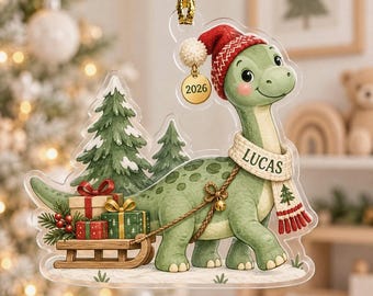 Custom Dinosaur Christmas Acrylic Ornament, Personalized Brontosaurus Kids Gift, Cute Dino With Sled Tree Decor, 2026 Boy Name Bauble
