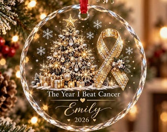 Custom Glass Cancer Survivor Ornament, Personalized Beat Cancer Keepsake, Gold Ribbon Tree Decor, 2026 Milestone Gift, Healing Bauble